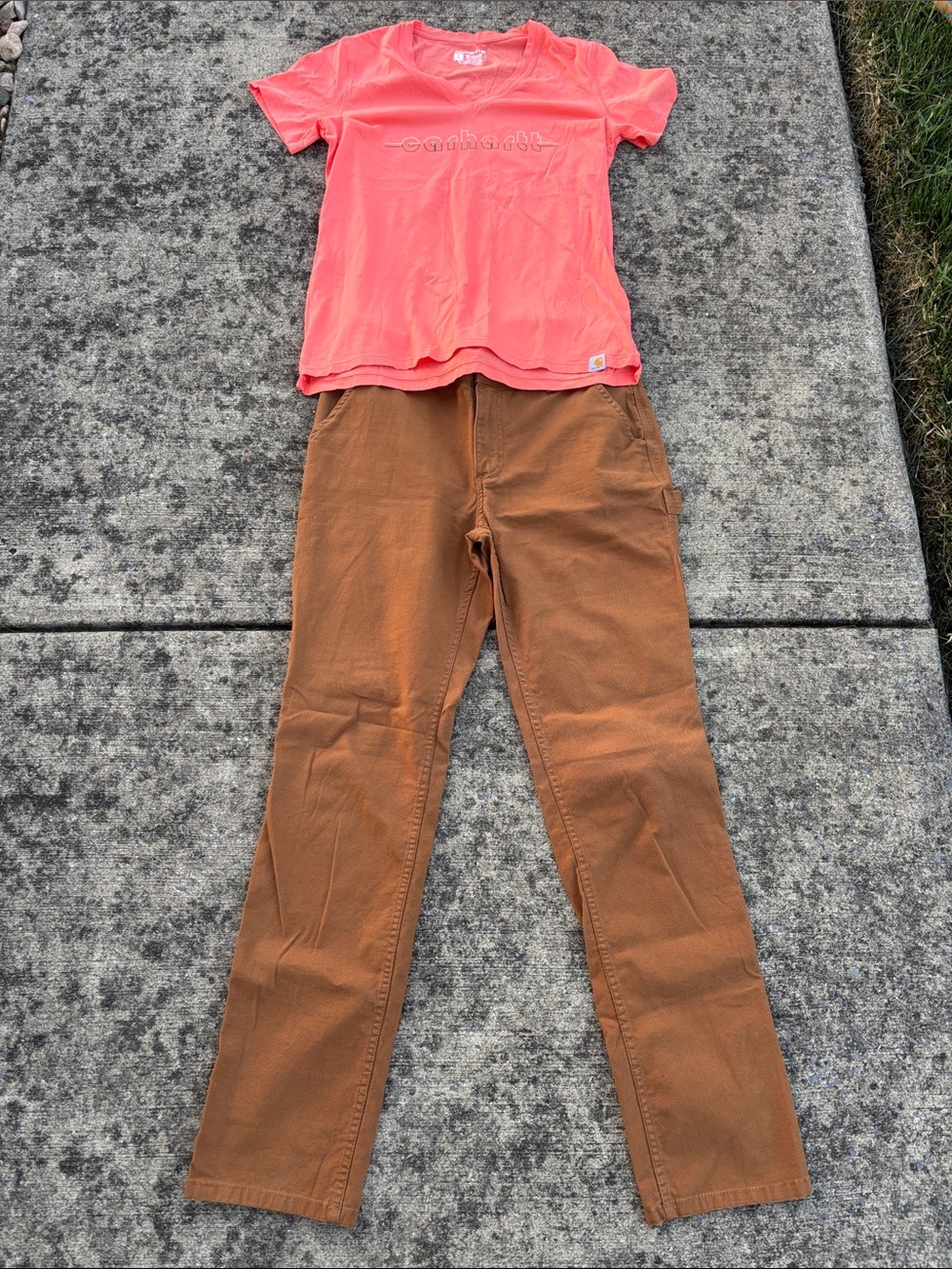 Carhartt Ladies Coral Tee with Brown Carpenter Pants